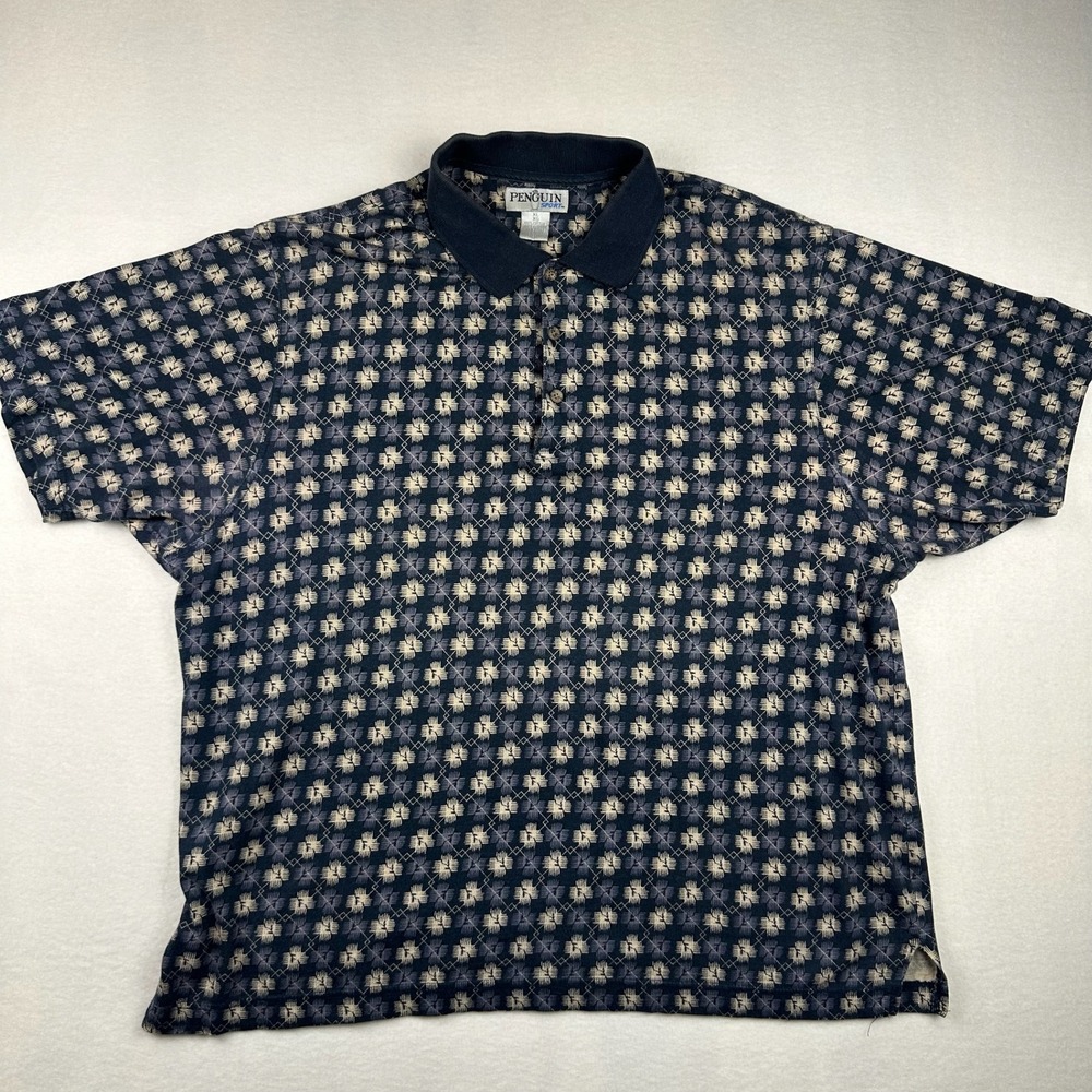 Vintage 90s Penguin Sport Geometric Pattern Polo Shirt Men's XL Blue 100% Cotton